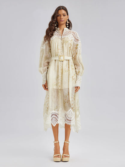 Silk-Linen Floral Lace Dress