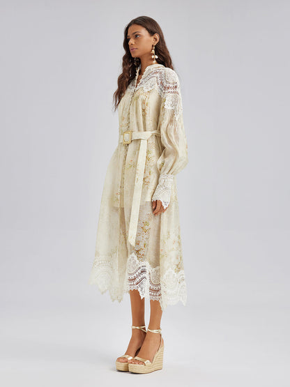 Silk-Linen Floral Lace Dress