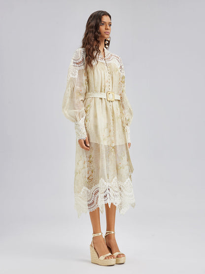 Silk-Linen Floral Lace Dress