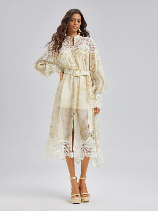 Silk-Linen Floral Lace Dress