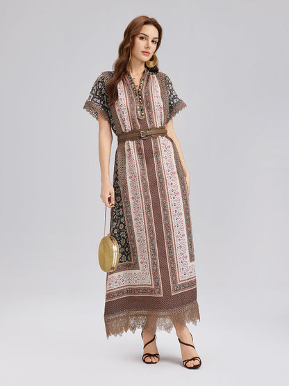 Botanical Print Lace-Trimmed Dress
