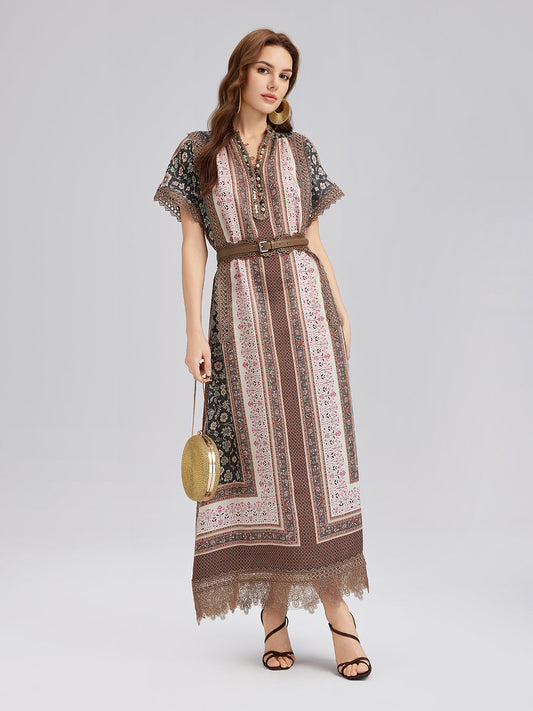 Botanical Print Lace-Trimmed Dress