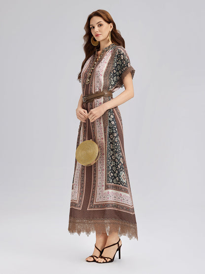 Botanical Print Lace-Trimmed Dress