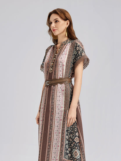 Botanical Print Lace-Trimmed Dress