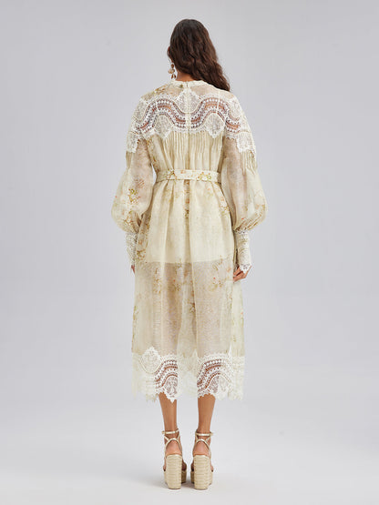 Silk-Linen Floral Lace Dress