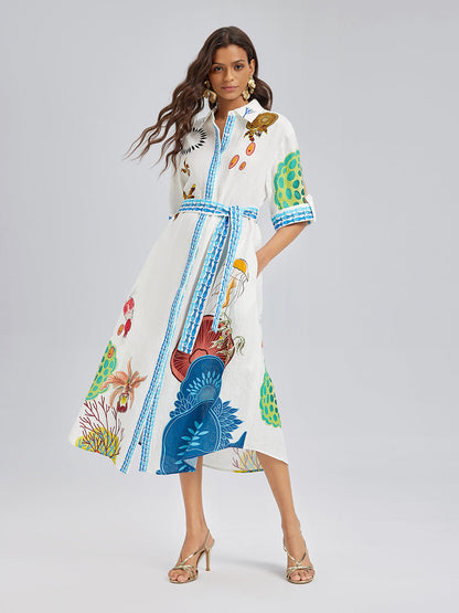 Breathable Natural Linen Printed Dress