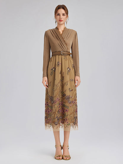 Knit & Tulle Embroidered Dress (Belt Included)