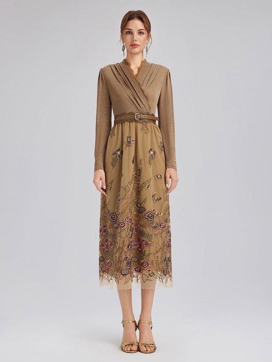Knit & Tulle Embroidered Dress (Belt Included)