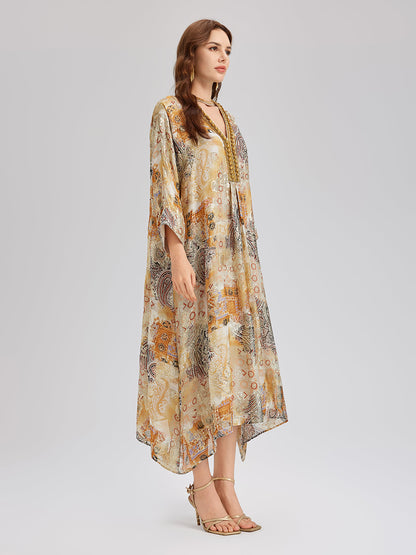V-Neck Silk Beaded Print Baroque Dress