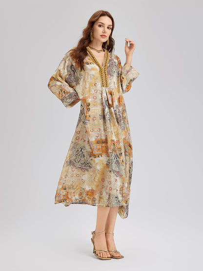V-Neck Silk Beaded Print Baroque Dress