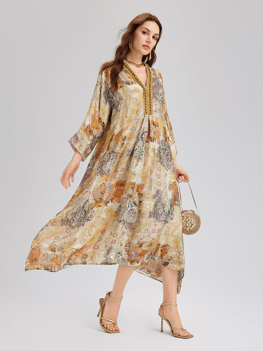 V-Neck Silk Beaded Print Baroque Dress