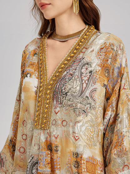 V-Neck Silk Beaded Print Baroque Dress