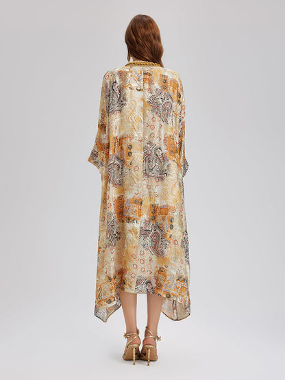 V-Neck Silk Beaded Print Baroque Dress