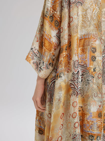V-Neck Silk Beaded Print Baroque Dress