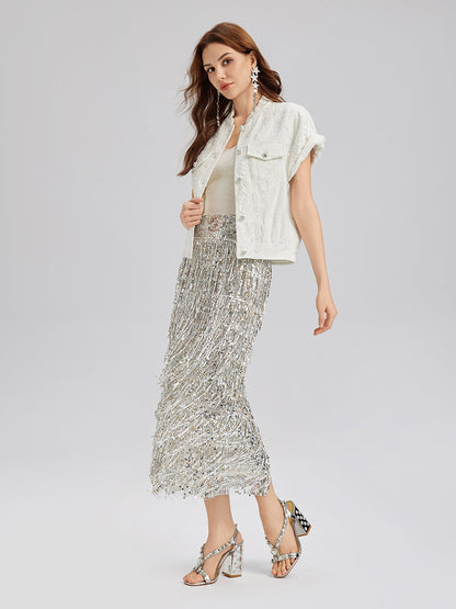 Tassel Sequin Midi Skirt
