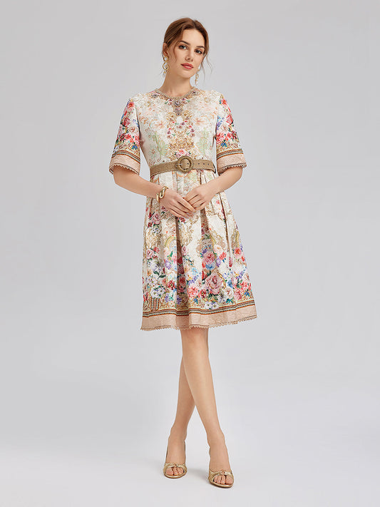 Hand-Beaded Silk Jacquard Regal Print Dress