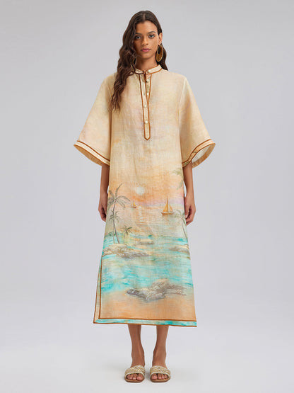 Linen Flared Sleeves Beach Print Dress