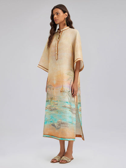 Linen Flared Sleeves Beach Print Dress