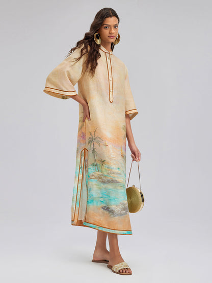 Linen Flared Sleeves Beach Print Dress