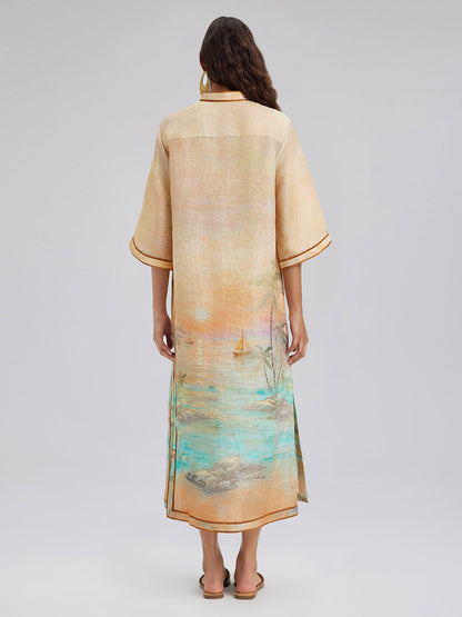 Linen Flared Sleeves Beach Print Dress