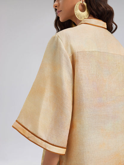 Linen Flared Sleeves Beach Print Dress