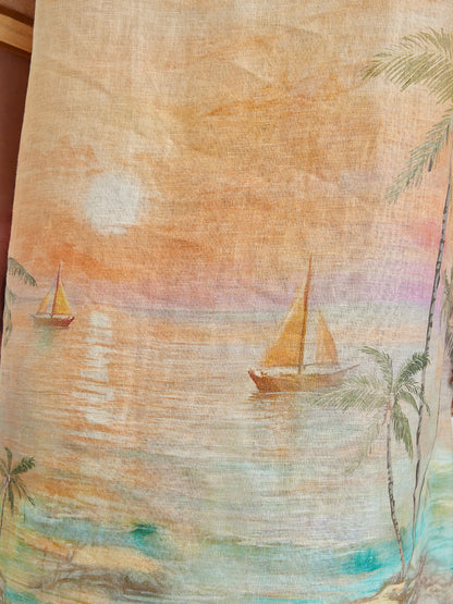 Linen Flared Sleeves Beach Print Dress