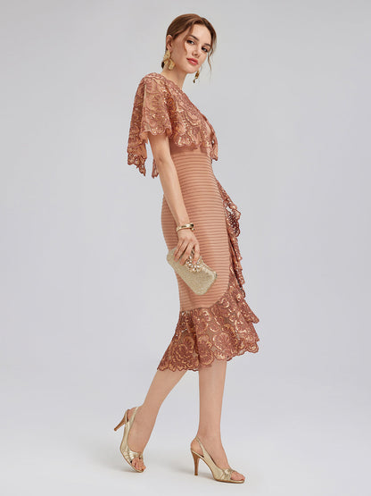 Sequin Ruffle Stretch Fitted Dress