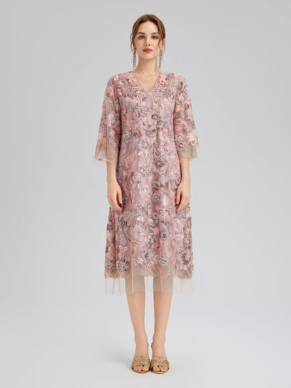V-Neck Embroidered Sequin Floral Dress