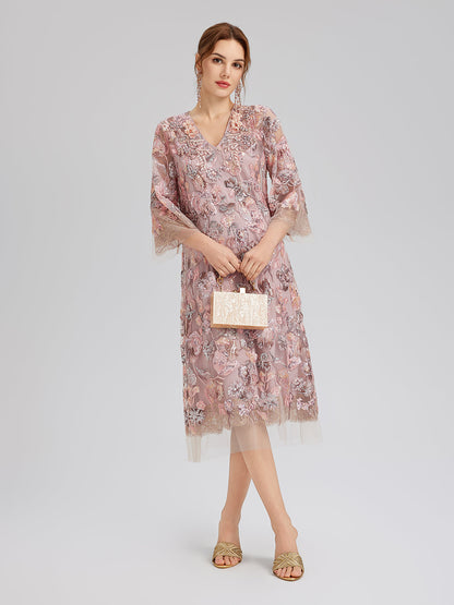 V-Neck Embroidered Sequin Floral Dress