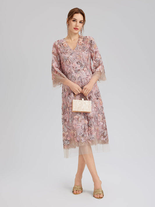 V-Neck Embroidered Sequin Floral Dress