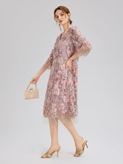 V-Neck Embroidered Sequin Floral Dress