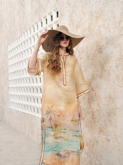 Linen Flared Sleeves Beach Print Dress