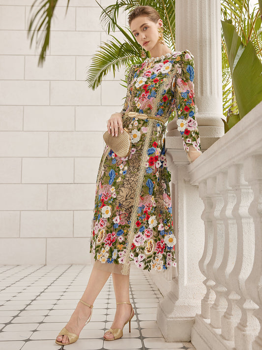 Embroidered Beaded Multicolored Floral Tulle Dress