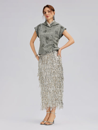 Tassel Sequin Midi Skirt