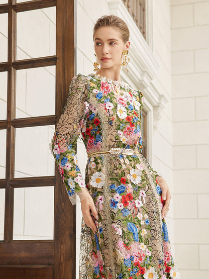 Embroidered Beaded Multicolored Floral Tulle Dress