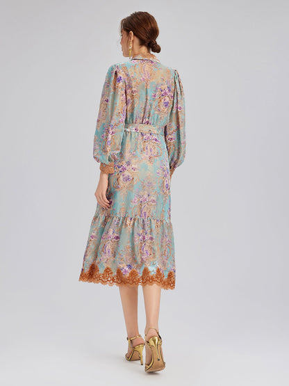 Silk Velvet Devoré Floral Lace Trim Dress (Matching Belt Included)