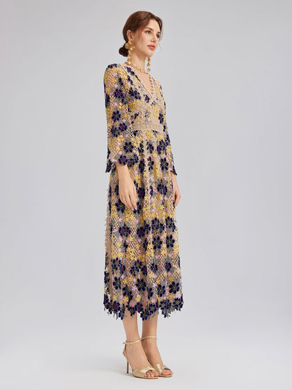 Multicolor Floral Embroidered Lace Dress