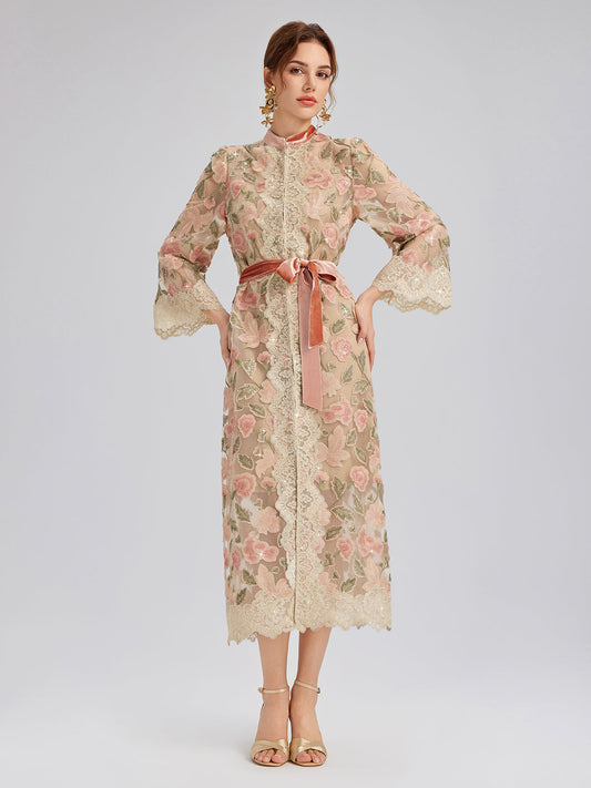 Appliqué Floral Lace Trim Velvet Dress (Belt Included)