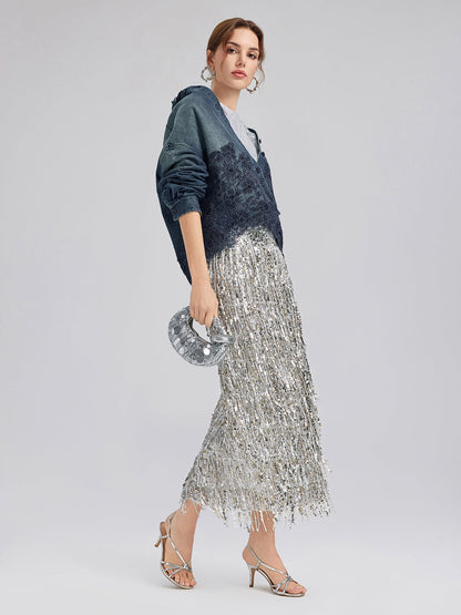 Tassel Sequin Midi Skirt