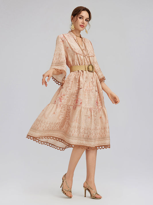 Silk Baroque Print Stand Collar Dress (Belt Included)