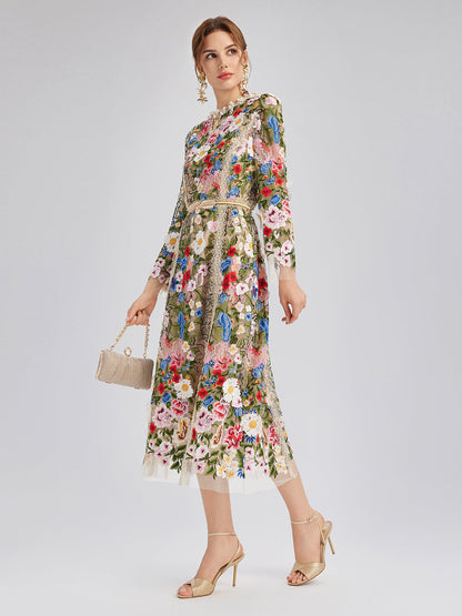 Embroidered Beaded Multicolored Floral Tulle Dress