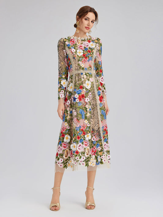 Embroidered Beaded Multicolored Floral Tulle Dress
