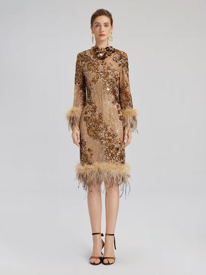 Hand-Beaded Floral Sequins & Feather Dress