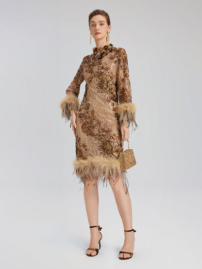 Hand-Beaded Floral Sequins & Feather Dress