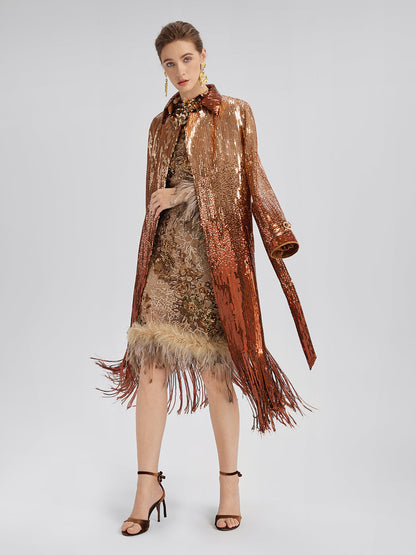 Hand-Beaded Floral Sequins & Feather Dress