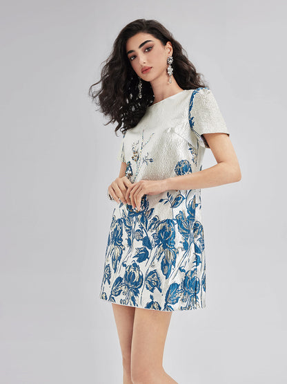 Blue Jacquard Short Sleeve Dress