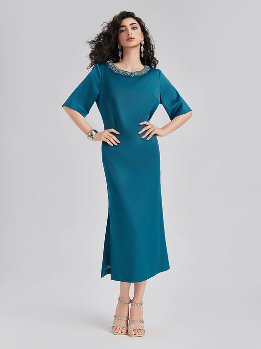 Intricate Crystal-Embellished Elegant Satin Dress