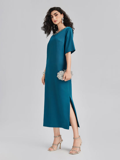 Intricate Crystal-Embellished Elegant Satin Dress