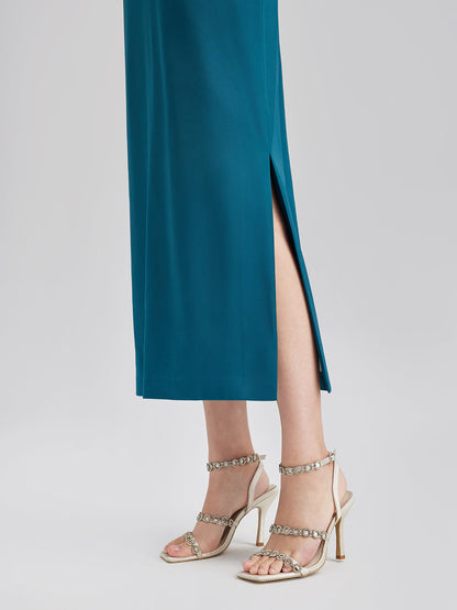 Intricate Crystal-Embellished Elegant Satin Dress