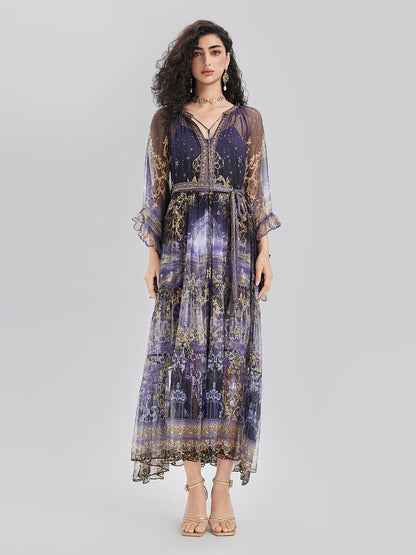 Silk Crystal-Embellished Baroque Print Dress